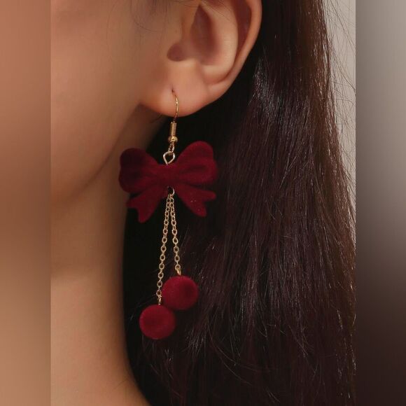 Elegant Burgundy Bow Earrings A972 - Picture 1 of 2